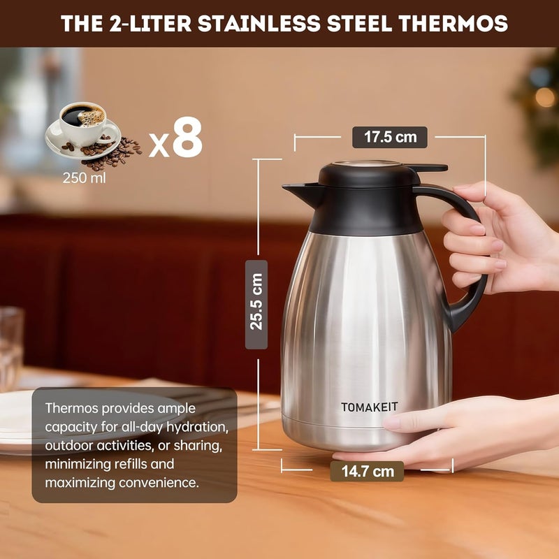  TOMAKEIT Thermal Coffee Carafe, 2L/68 Oz Stainless Steel Vacuum Insulated Thermoses, Double-Wall Design, 24-Hour Hot & Cold, Leak-Proof, Portable for Travel,Camping,Office - Image 2